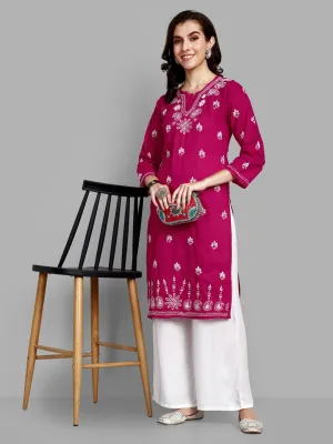 Lucknowi Chikankari Magenta Cotton Silk Kurta