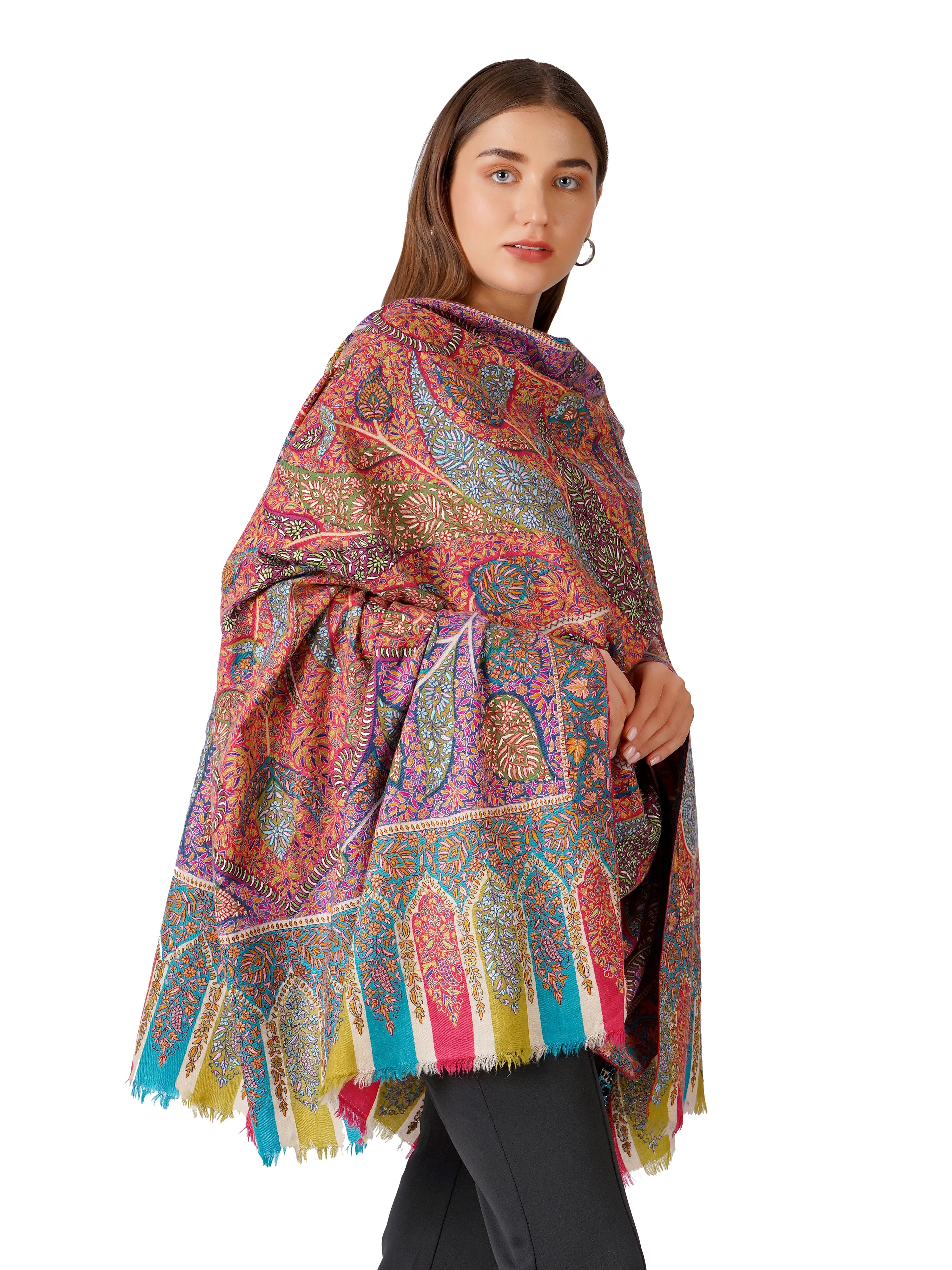 Luxurious Pashmina Shawl with Hand Sozni Embroidery Designs - Multi Color