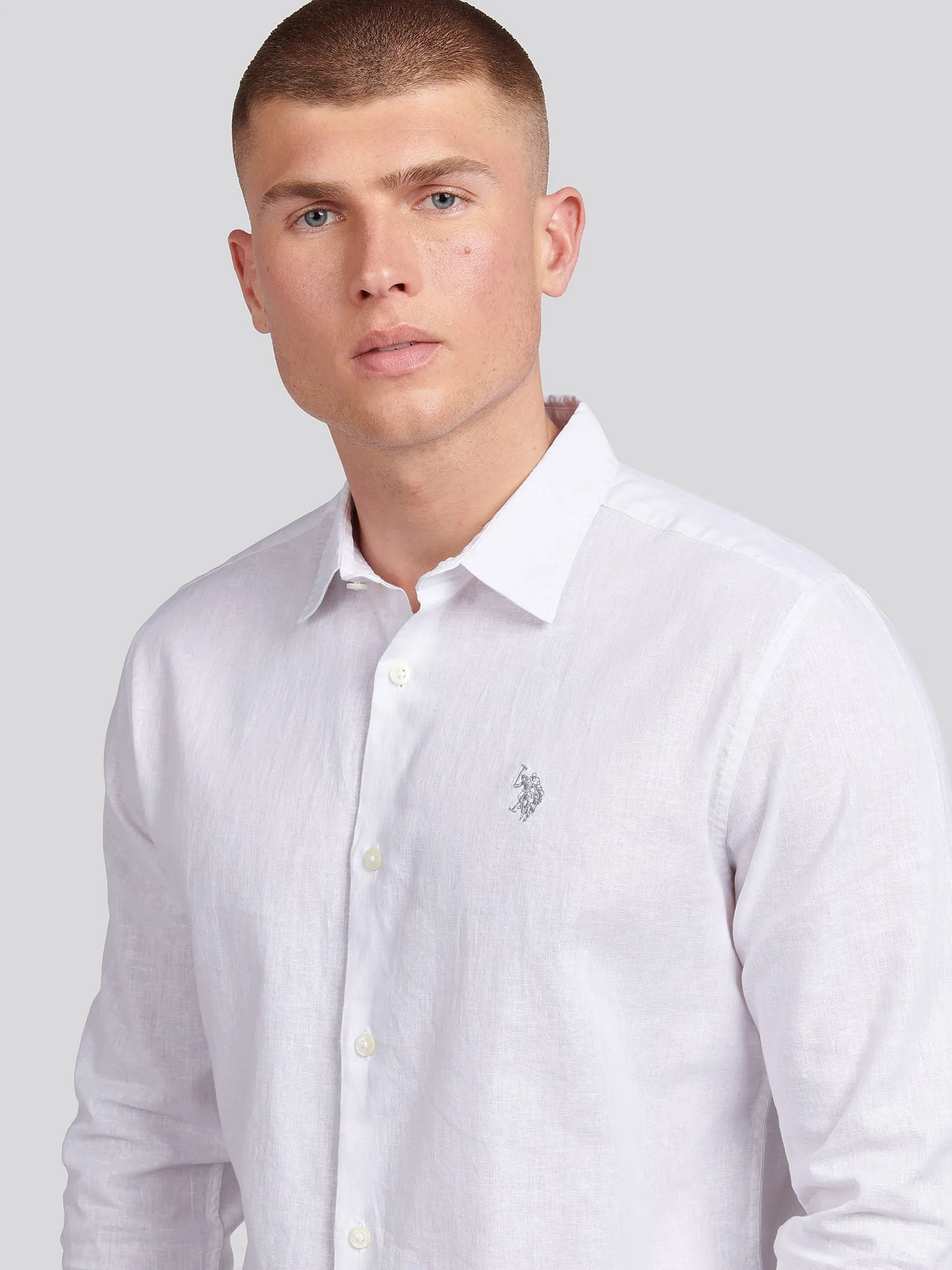 Mens Linen Blend Shirt in White / Harbour Mist DHM