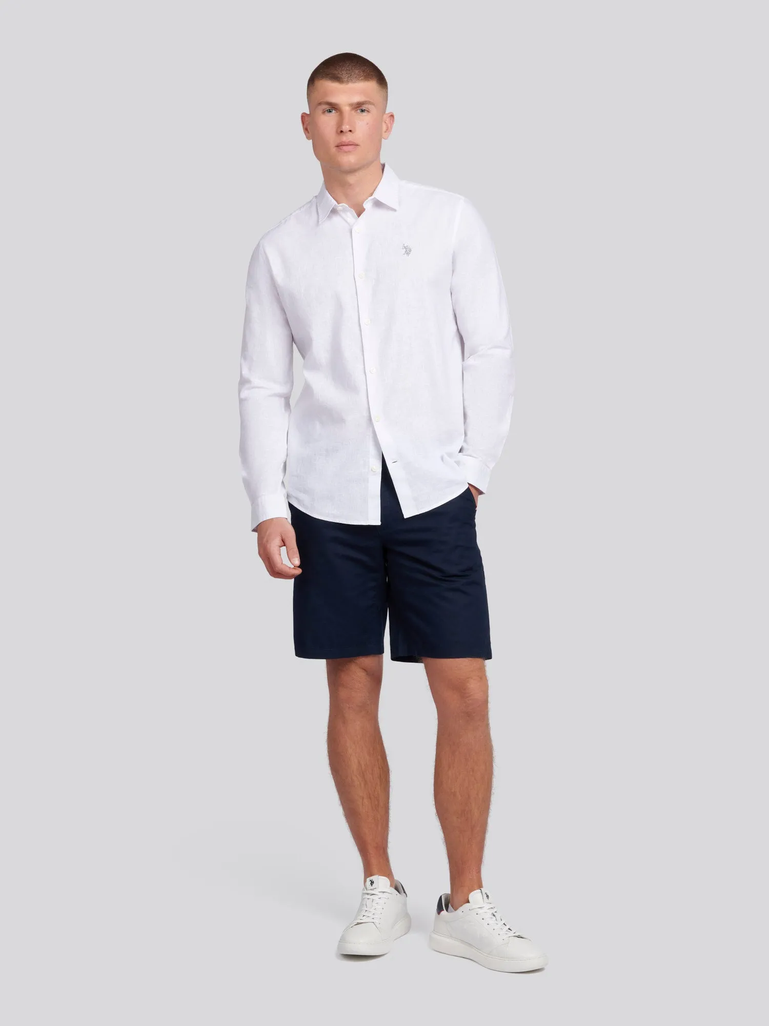 Mens Linen Blend Shirt in White / Harbour Mist DHM