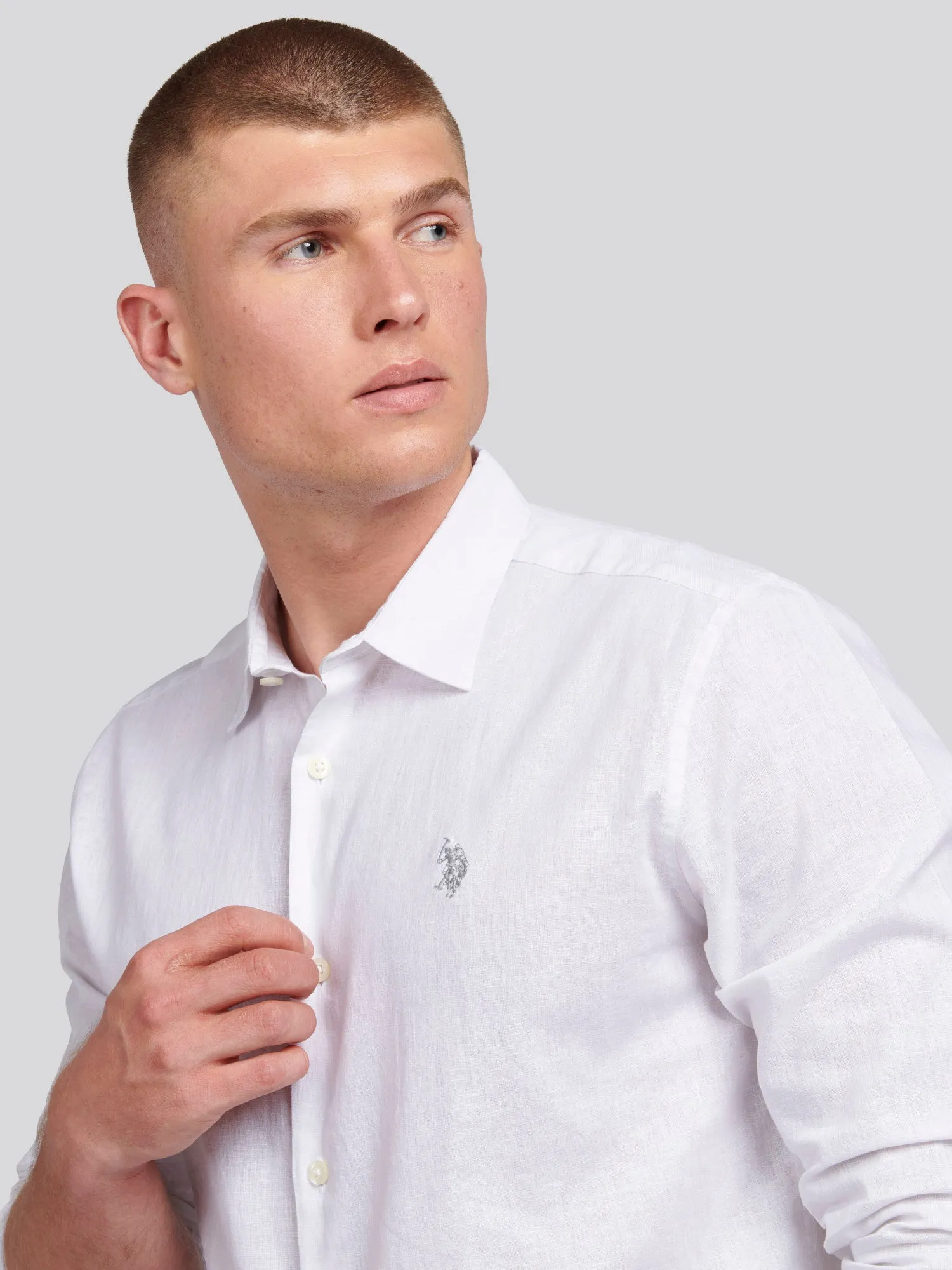 Mens Linen Blend Shirt in White / Harbour Mist DHM