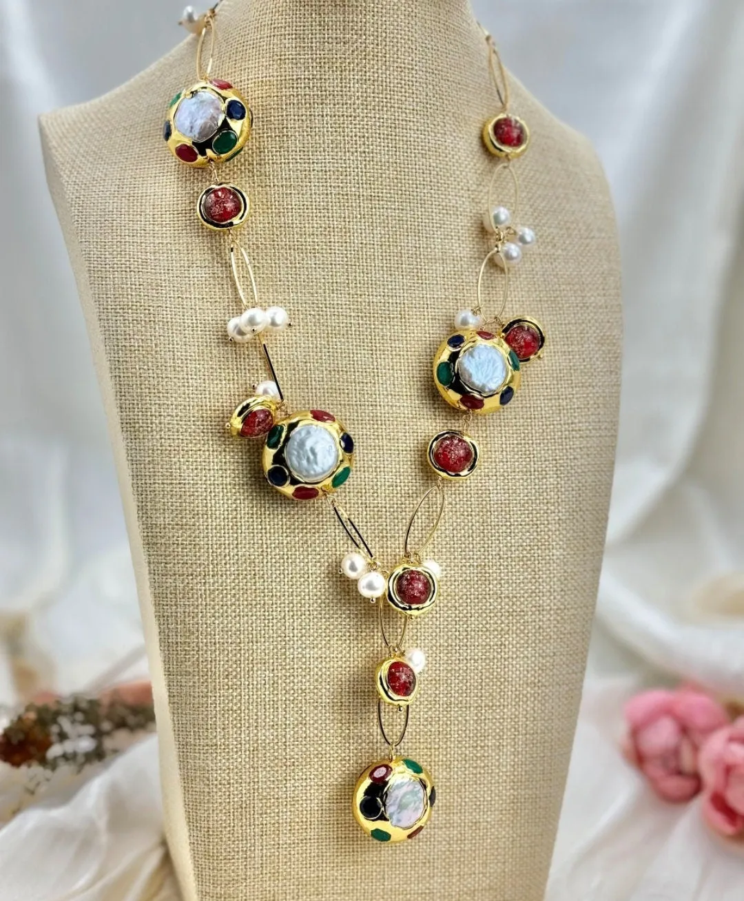 Natural multi color keshi pearl  murano glass bead pearl necklace