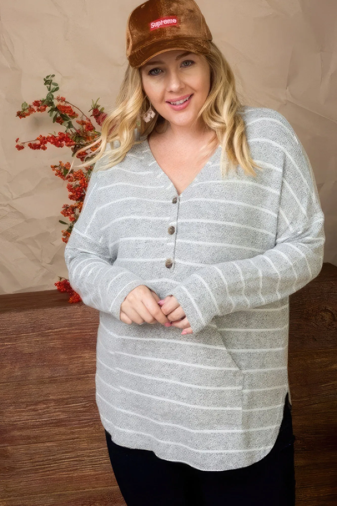 Plus Size Women Brushed Hacci Two Tone Stripe Top