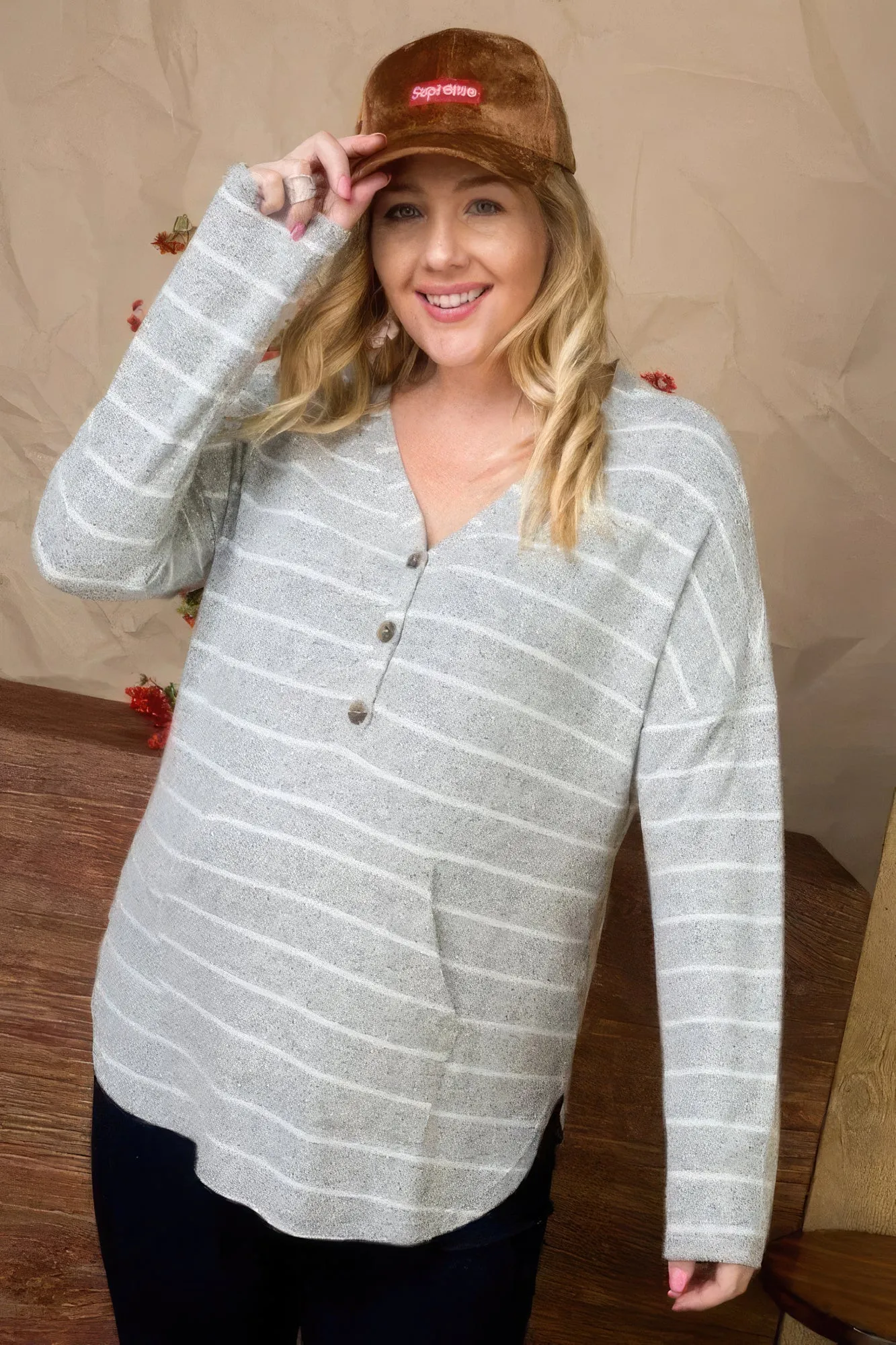 Plus Size Women Brushed Hacci Two Tone Stripe Top