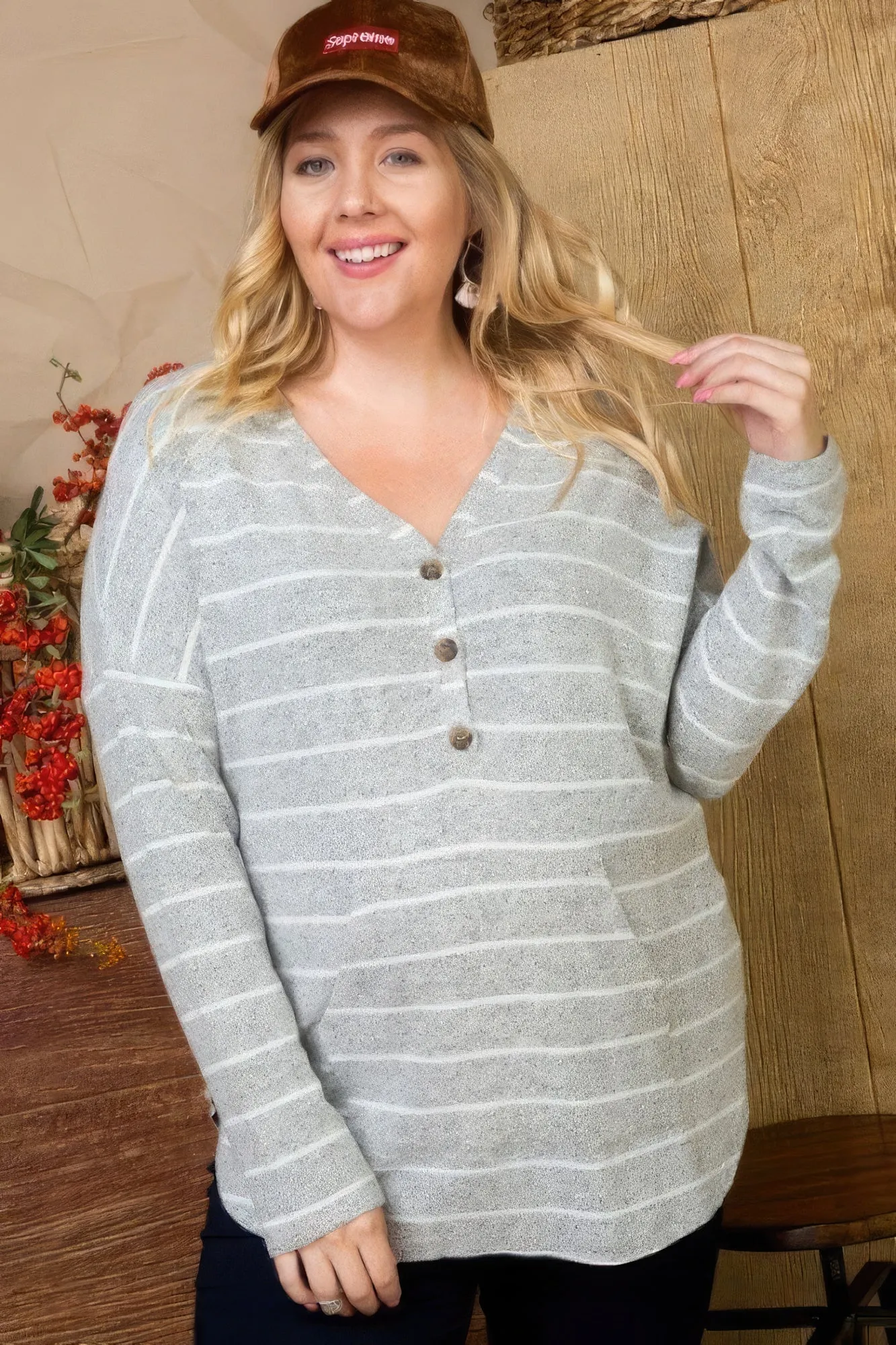 Plus Size Women Brushed Hacci Two Tone Stripe Top