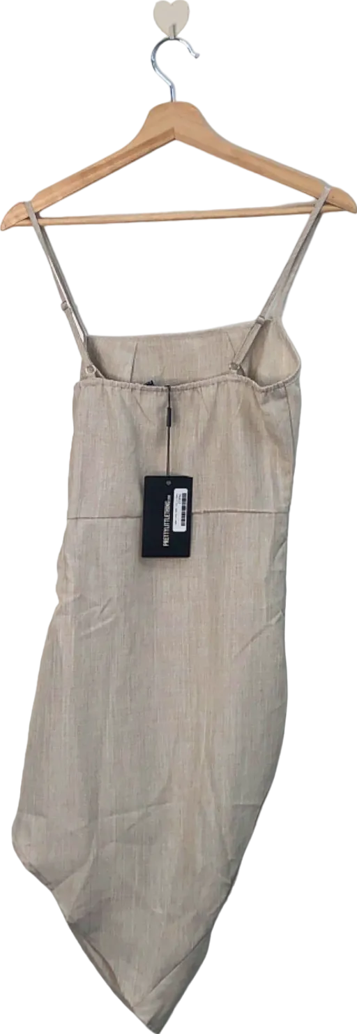 PrettyLittleThing Stone Linen Look Fold Over Ruched Bodycon Dress UK 6