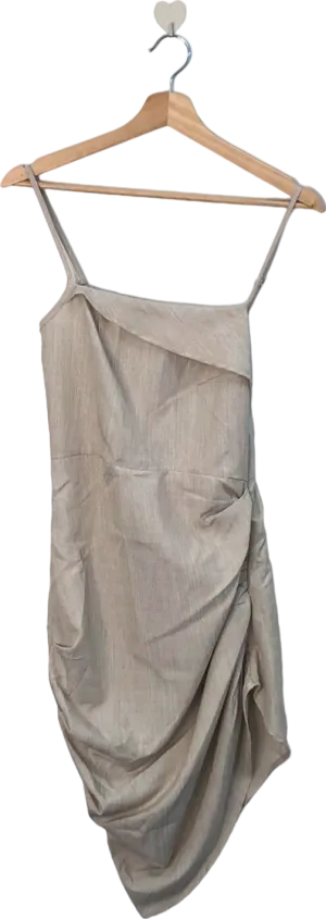 PrettyLittleThing Stone Linen Look Fold Over Ruched Bodycon Dress UK 6