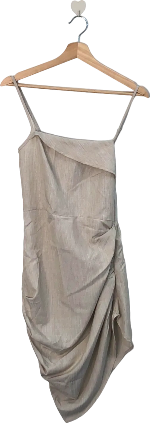PrettyLittleThing Stone Linen Look Fold Over Ruched Bodycon Dress UK 6
