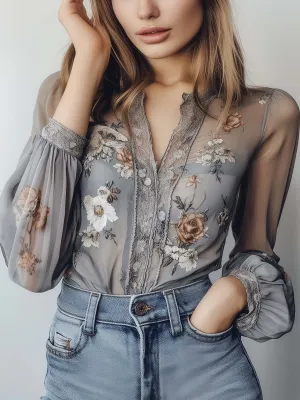 Romantic Floral Embroidered Chiffon Blouse
