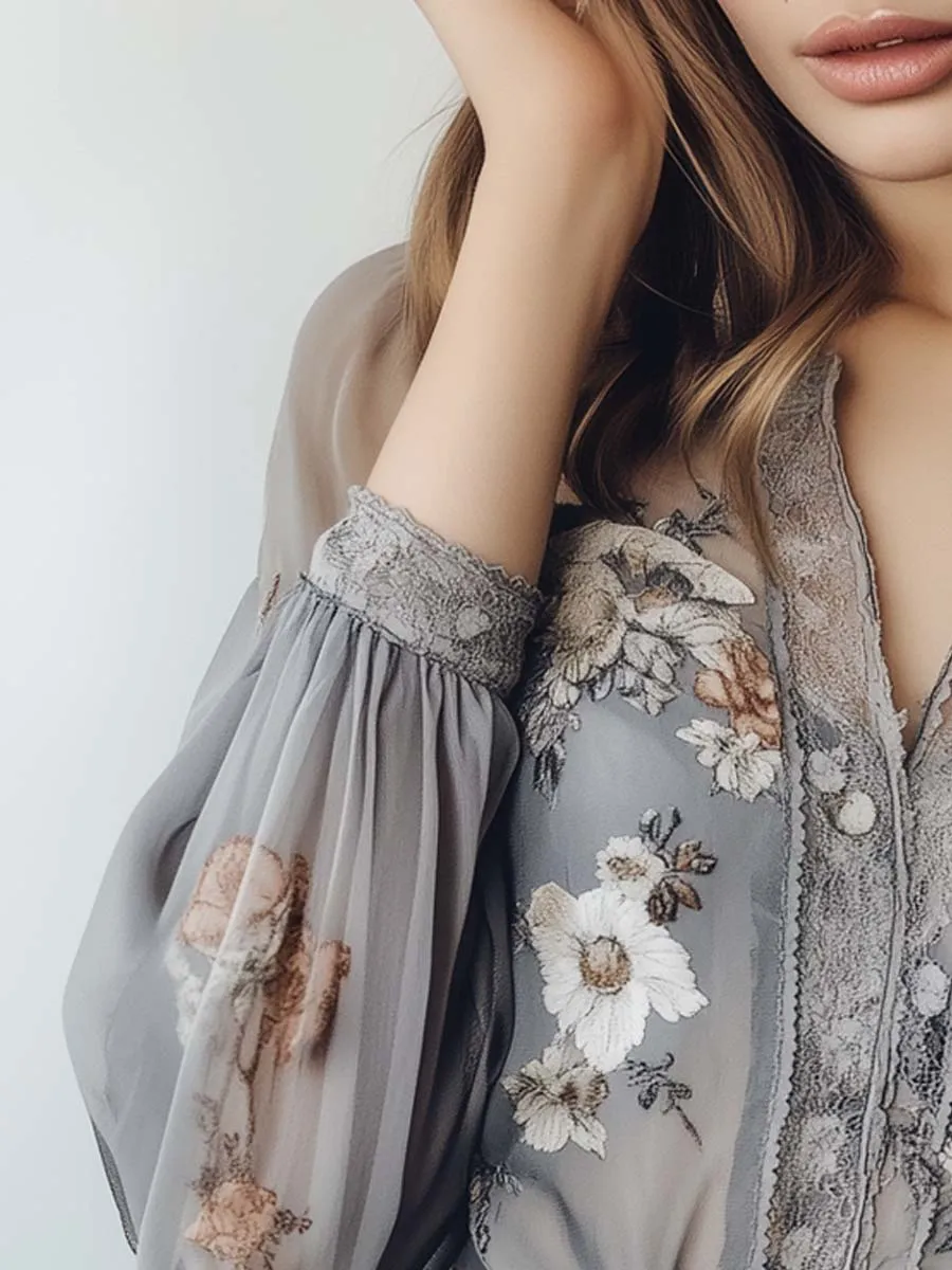 Romantic Floral Embroidered Chiffon Blouse