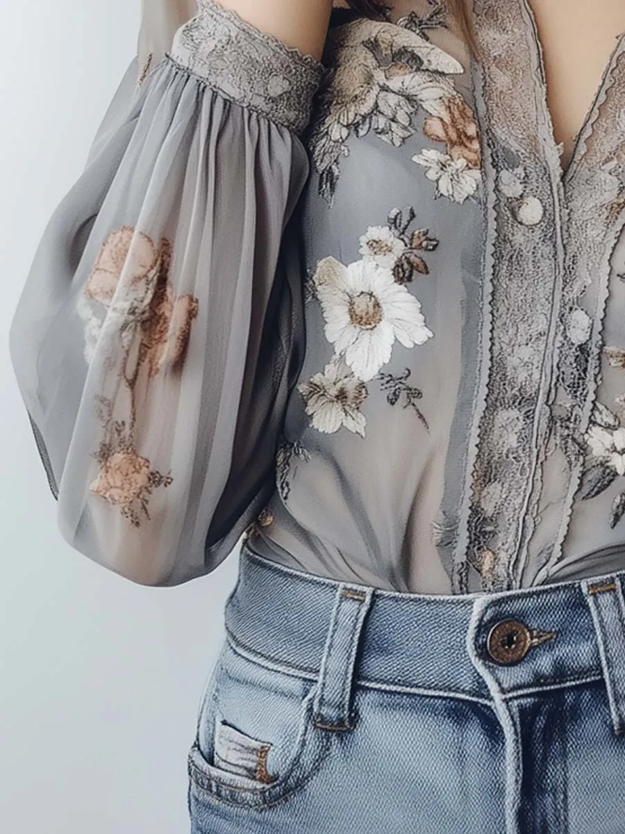 Romantic Floral Embroidered Chiffon Blouse