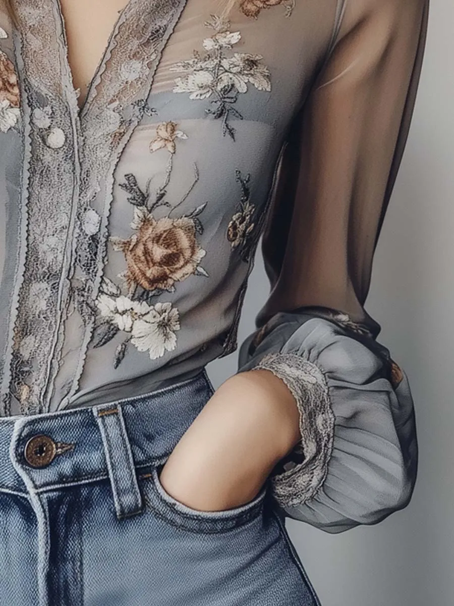 Romantic Floral Embroidered Chiffon Blouse
