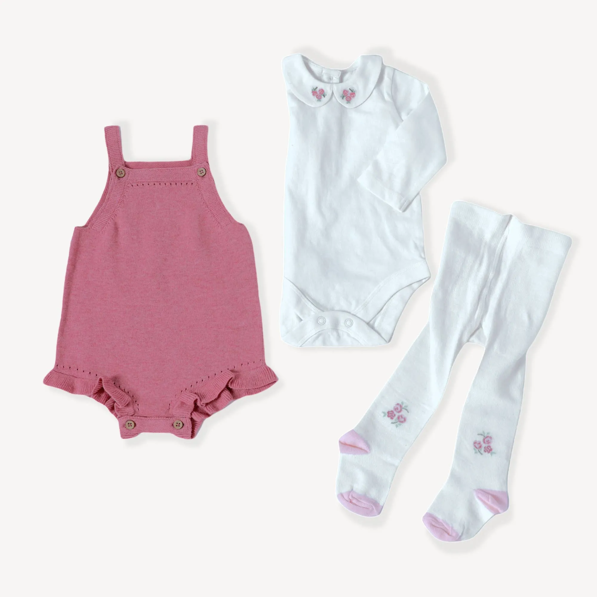 Rose Heather Knit Baby Romper Bodysuit Tights (3 Piece Set)