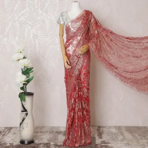 Scarlet red, gold, silver Premium pure French metallic chantilly lace saree having stone work in floral design-D14541