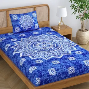 SheetKart Cotton Blend Traditional Mandala Jaipuri Printed Single Bedsheet with1 Pillow Cover - Azure Blue