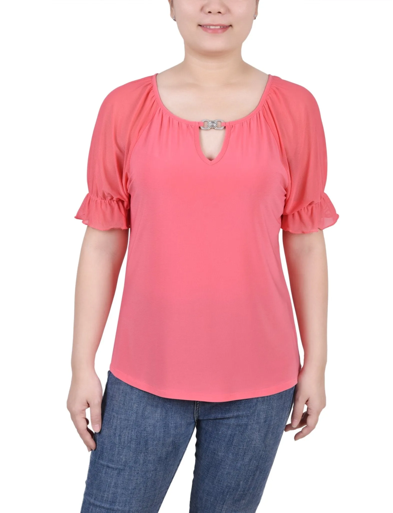 Short Ruffle Sleeve Top With Rhinestones - Petite