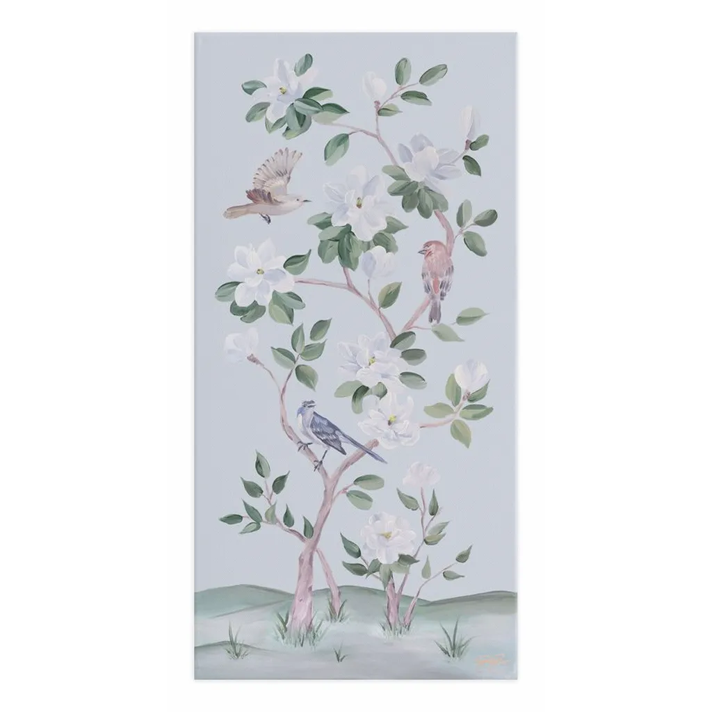 Songbirds and Magnolias, a light blue chinoiserie canvas wrap
