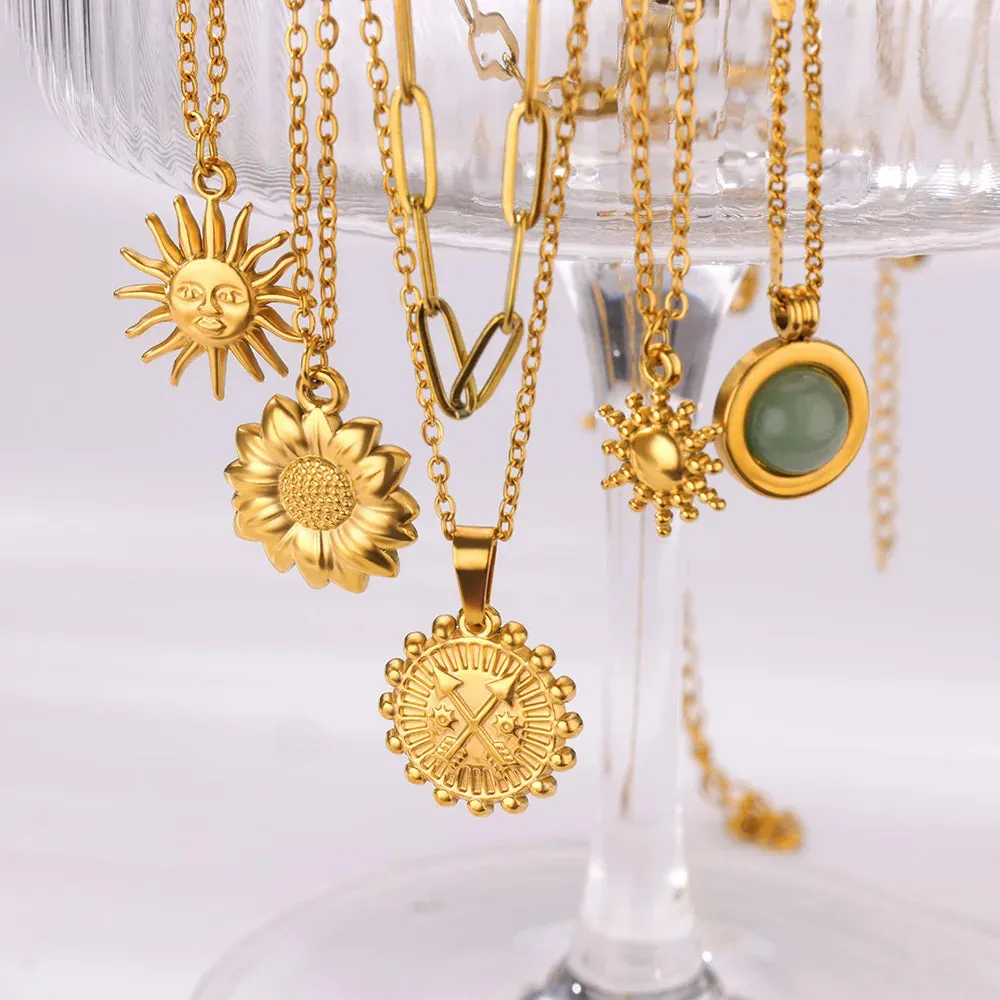 Stainless Steel Geometric Necklace Sunflower Pendant Aesthetic Jewelry