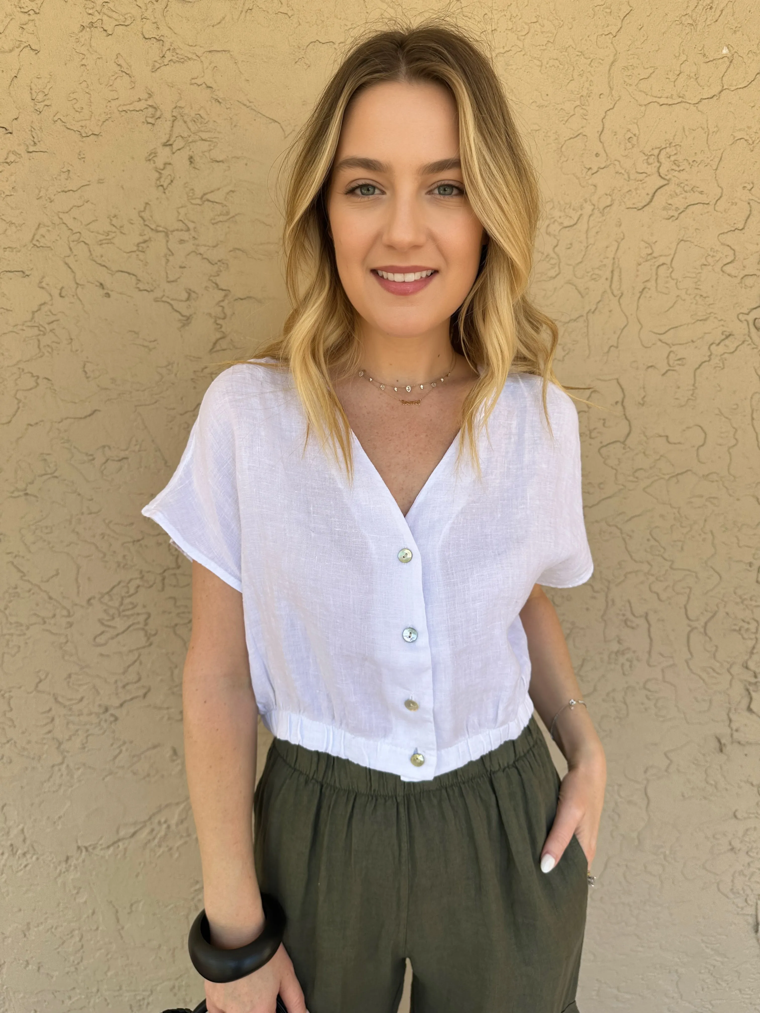 Starlight Crop Elastic Linen Top - White