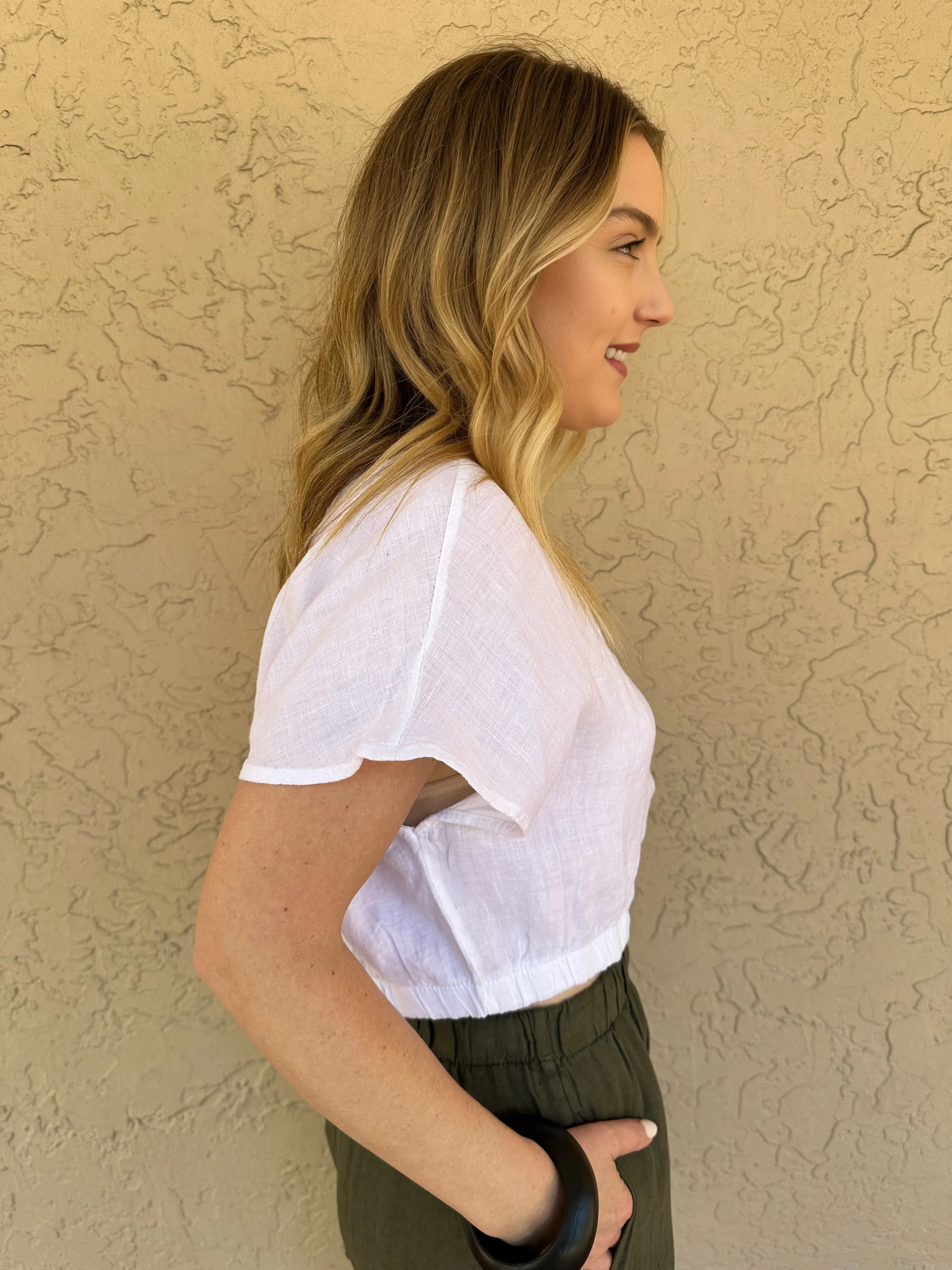 Starlight Crop Elastic Linen Top - White