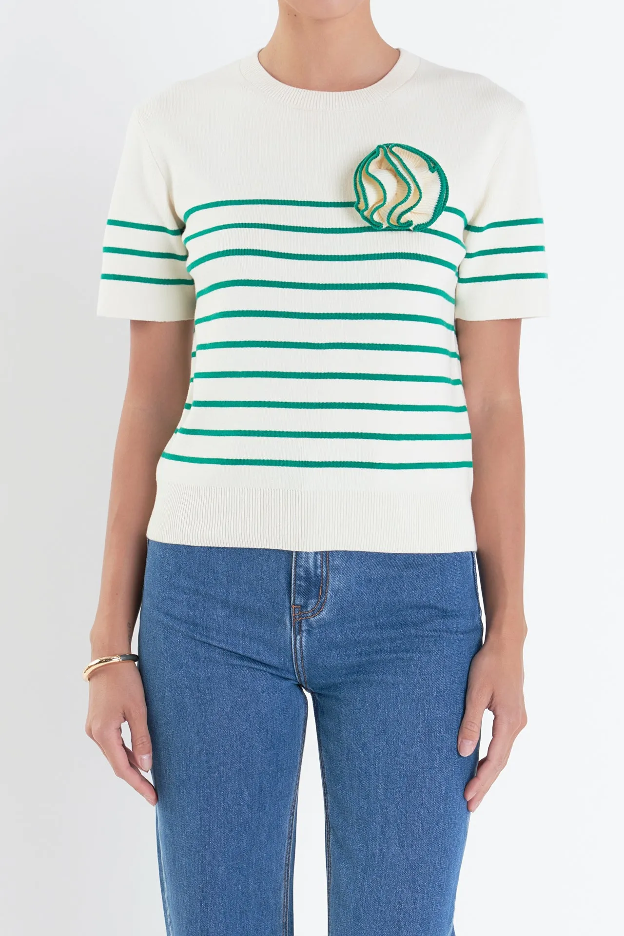 Striped Knit Sweater with Flower Applique