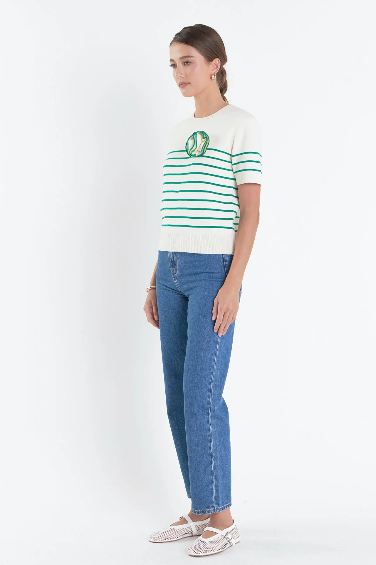 Striped Knit Sweater with Flower Applique