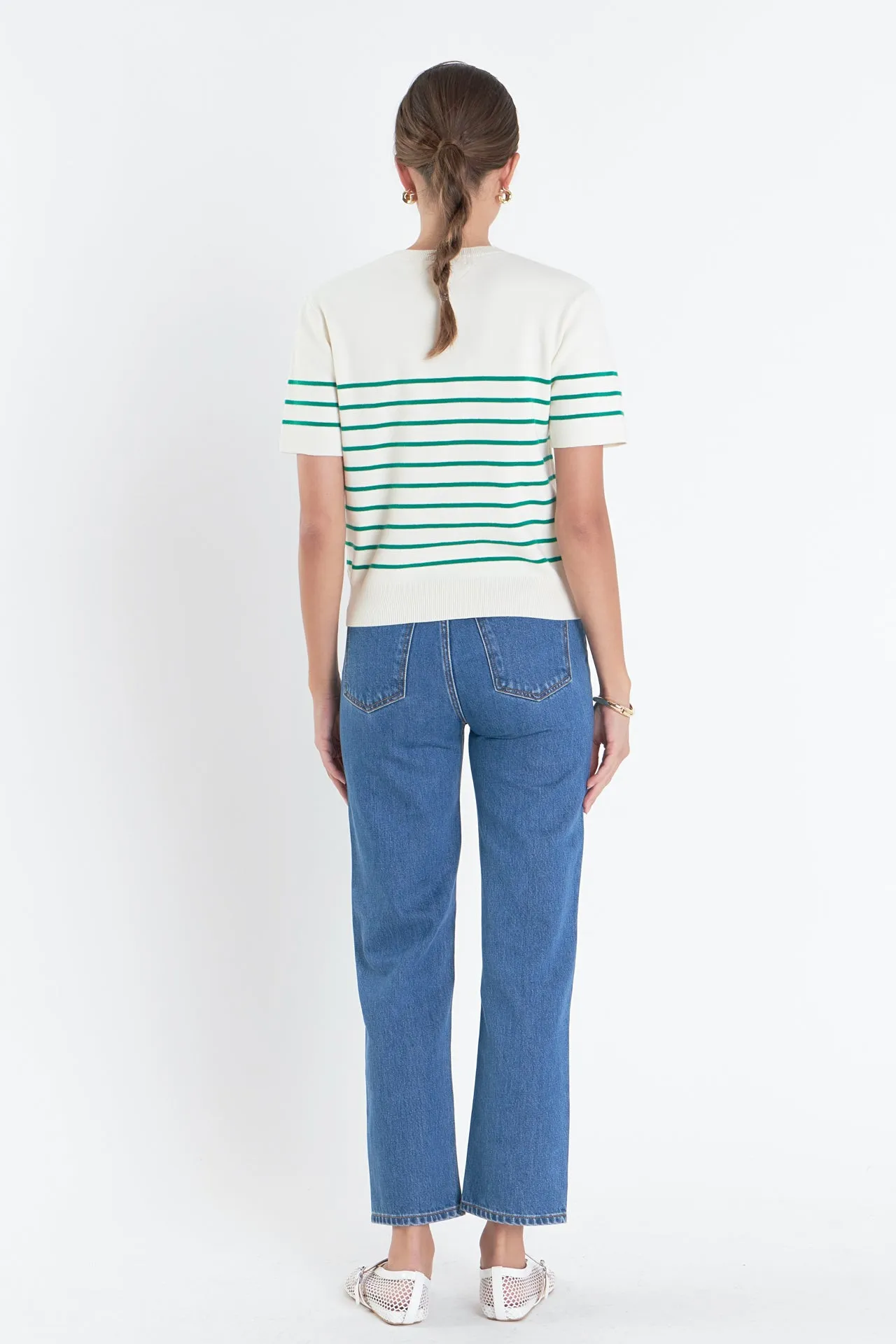 Striped Knit Sweater with Flower Applique