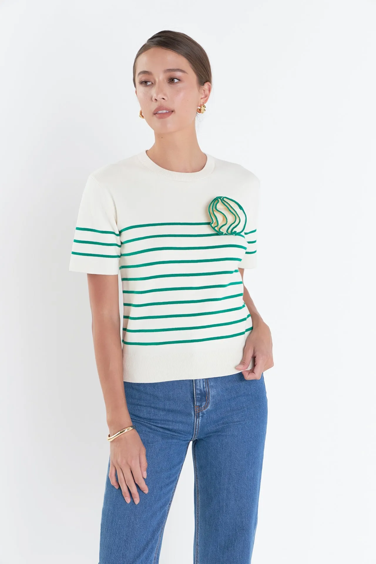 Striped Knit Sweater with Flower Applique