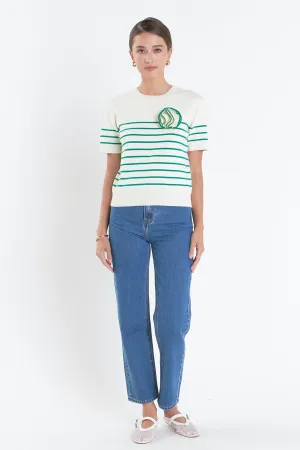 Striped Knit Sweater with Flower Applique