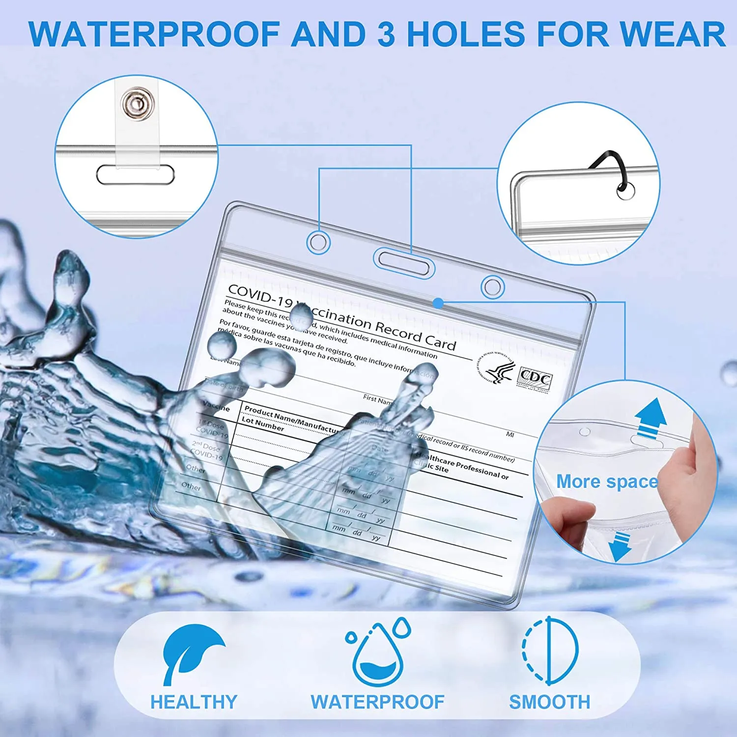 Vaccine Card Protector CDC Immunization Paper Arae 4 X 3 Inch Waterproof Clear PVC Horizontal Cover Holder Resealable Reusable Multifunctional ID Card Name Tag Badge Cards Holder Sleeve 2 Packs